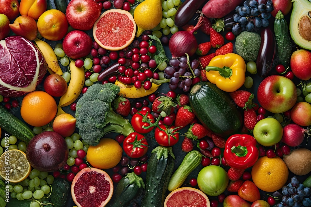 Vibrant assortment of fresh fruits and vegetables in colorful top view natural mosaic of healthy eating ripe apples oranges grapes lemons and tropical produce mixed with green broccoli red tomatoes Vibrant assortment of fresh fruits and vegetables in colorful top view natural mosaic of healthy eating ripe apples oranges grapes lemons and tropical produce mixed with green broccoli red tomatoes