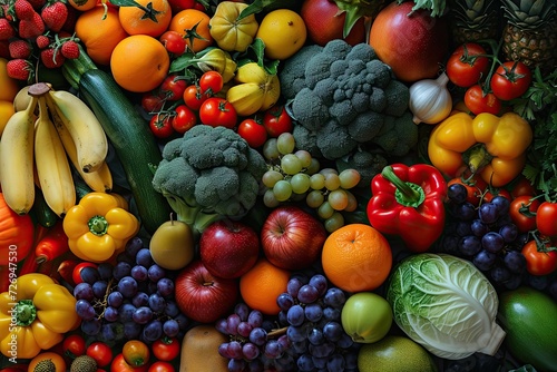 Vibrant assortment of fresh fruits and vegetables in colorful top view natural mosaic of healthy eating ripe apples oranges grapes lemons and tropical produce mixed with green broccoli red tomatoes