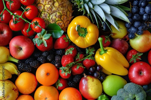 Vibrant assortment of fresh fruits and vegetables in colorful top view natural mosaic of healthy eating ripe apples oranges grapes lemons and tropical produce mixed with green broccoli red tomatoes