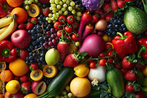 Vibrant assortment of fresh fruits and vegetables in colorful top view natural mosaic of healthy eating ripe apples oranges grapes lemons and tropical produce mixed with green broccoli red tomatoes © Thares2020