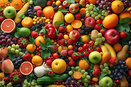 Fototapeta Naklejka Na Ścianę i Meble -  Vibrant assortment of fresh fruits and vegetables in colorful top view natural mosaic of healthy eating ripe apples oranges grapes lemons and tropical produce mixed with green broccoli red tomatoes