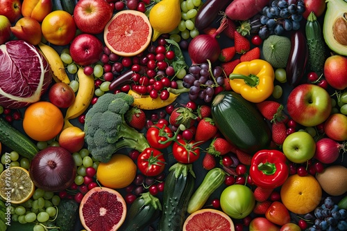 Vibrant assortment of fresh fruits and vegetables in colorful top view natural mosaic of healthy eating ripe apples oranges grapes lemons and tropical produce mixed with green broccoli red tomatoes photo