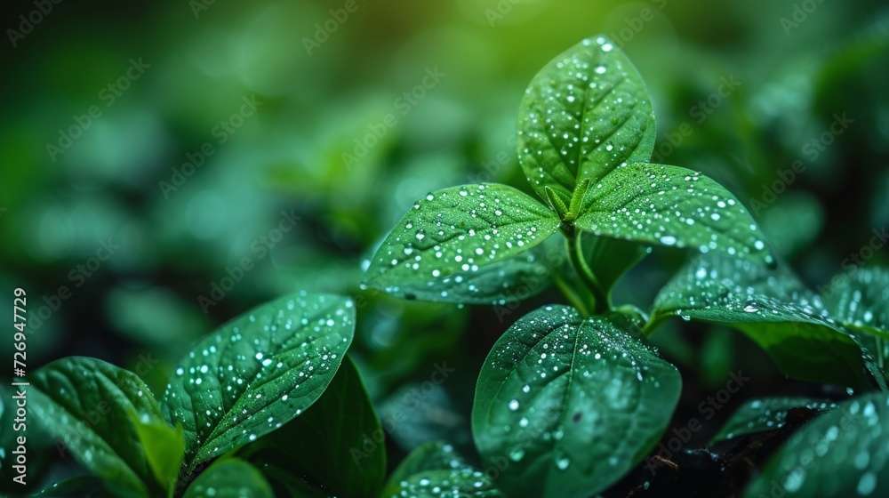 Close up of green leaves with water droplets on them. Nature background - Generative AI Close up of green leaves with water droplets on them. Nature background - Generative AI
