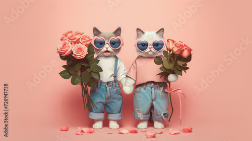 Fototapeta Naklejka Na Ścianę i Meble -  Cute couple funny cat holding with bouquet of roses in Valentine’s day concept.