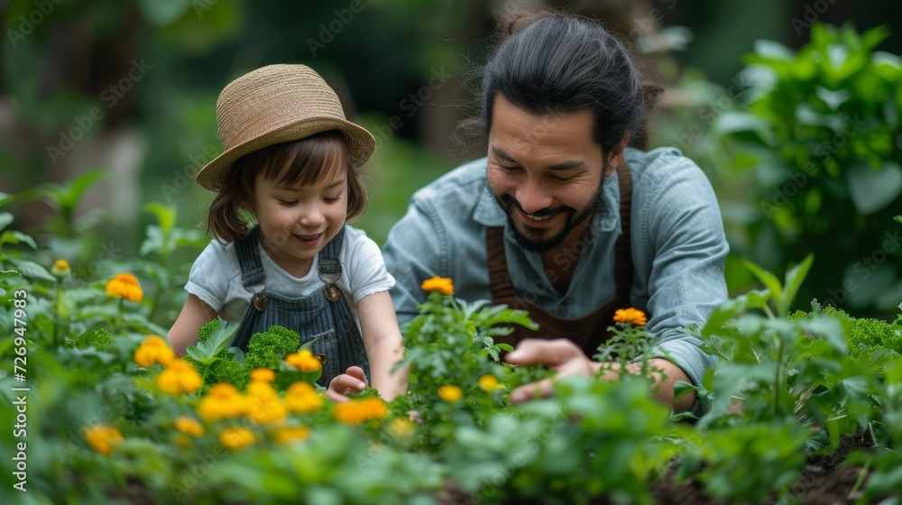 Father and daughter planting flowers together in the garden. Happy family concept. - Generative AI