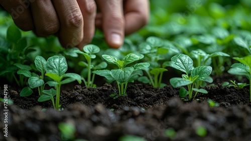 Close up of farmer's hand planting young seedlings in fertile soil, selective focus - Generative AI
