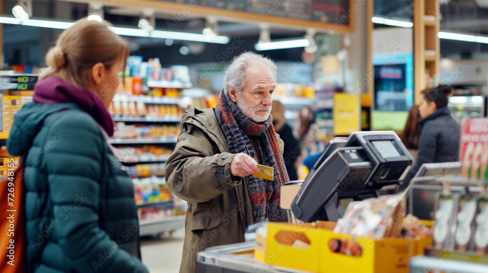 Senior Man Using Contactless Payment at Store Checkout
