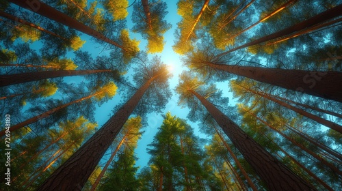 Tall pine trees in the forest at sunset. 3d illustration - Generative AI