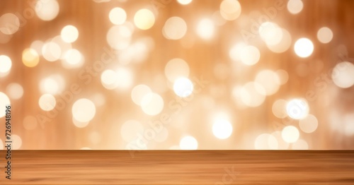 wooden surface with bokeh background, Christmas lights on wooden background