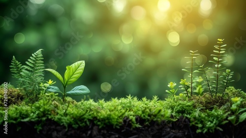 Green nature background with young plant and bokeh. Ecology concept. - Generative AI