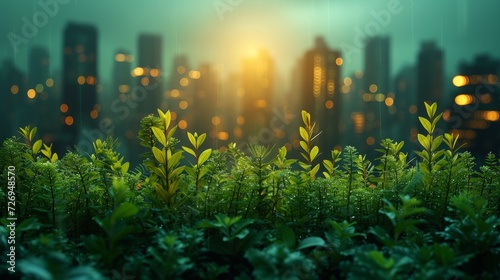 3d render of green plant in the garden with cityscape background - Generative AI