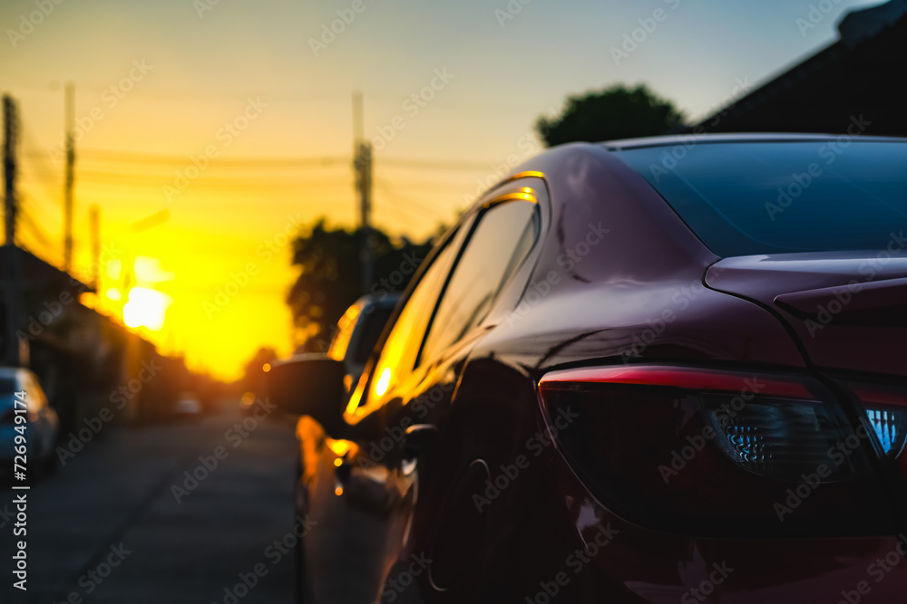 close up travel car on street automotive roadtrip on sunset background for transport, travel of nature to vehicle auto landscape light the sun for journey trip summer and lifestyle 2024