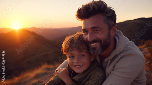 child with his father on mountain view background at sunset