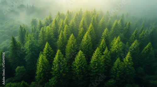 Aerial view of coniferous forest in misty morning. - Generative AI