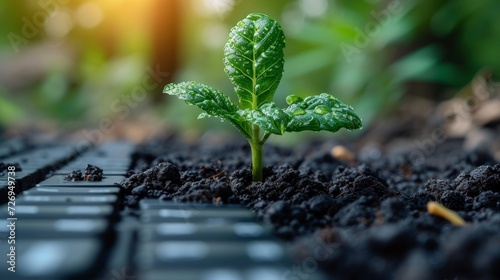 Green seedling growing from computer keyboard. Concept of new life and innovation. - Generative AI