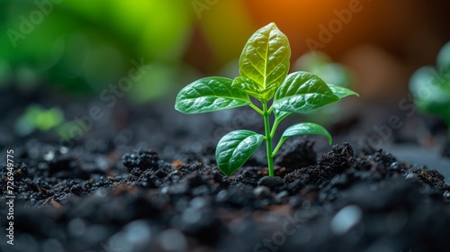 Green seedling growing from seed on black soil with green bokeh background - Generative AI