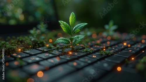 Green seedling growing on a computer keyboard. 3D illustration. - Generative AI