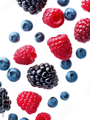 Falling mix  berries, raspberry, blueberry and blackberry isolated on white background.