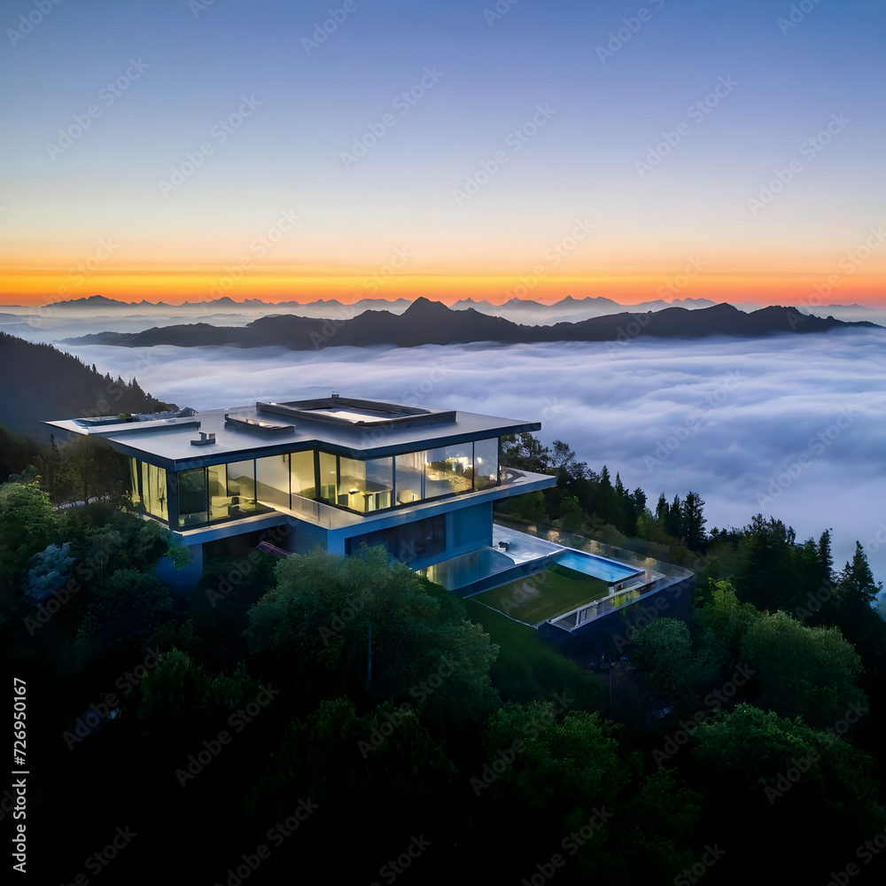 Modern house on the side of a mountain, glass House in the mountain, and sunset sky Generative AI