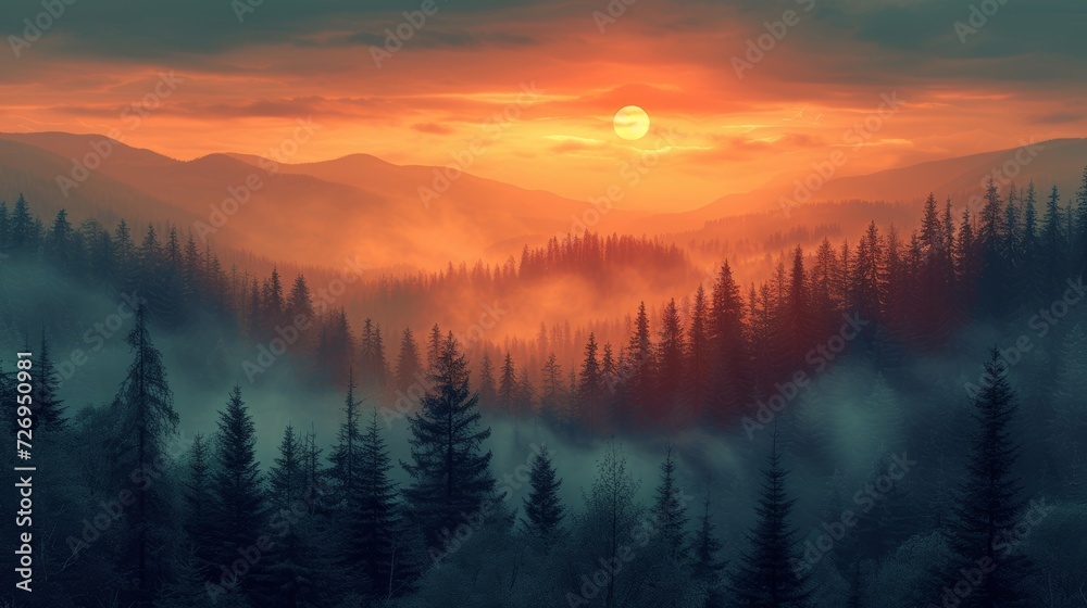 Foggy sunrise in the mountains. Landscape with fog. - Generative AI
