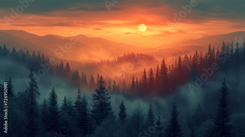Foggy sunrise in the mountains. Landscape with fog. - Generative AI