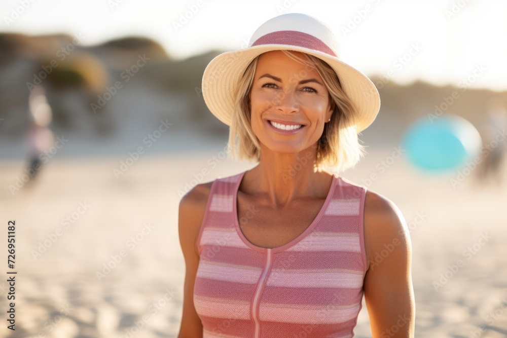 summer holidays, vacation, travel and people concept - smiling woman in hat on beach