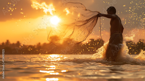 A silhouette view of a fisherman fishing in the afternoon by the lake with water splashing around him, and sunlight above the island. Created with Generative AI.