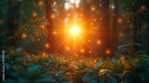 Beautiful magic forest with sunbeams and lens flare effect. - Generative AI