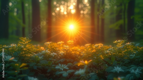 Beautiful spring forest background with sun rays and bokeh effect - Generative AI