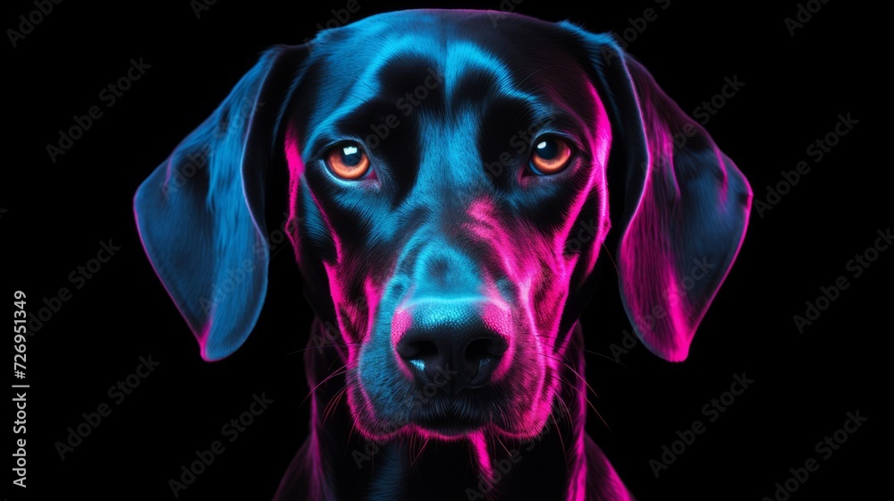 Close-up portrait of a dog on a pink blue neon black background. Close-up portrait of a dog on a pink blue neon black background.