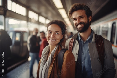 Couple smiling at train station, ready to travel