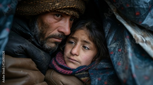 A father and daughter huddled together in a makeshift shelter, emphasizing the housing insecurity and homelessness experienced by families in disadvantaged communities. photo