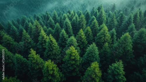 Aerial view of green coniferous forest in foggy morning - Generative AI © AlexandraRooss