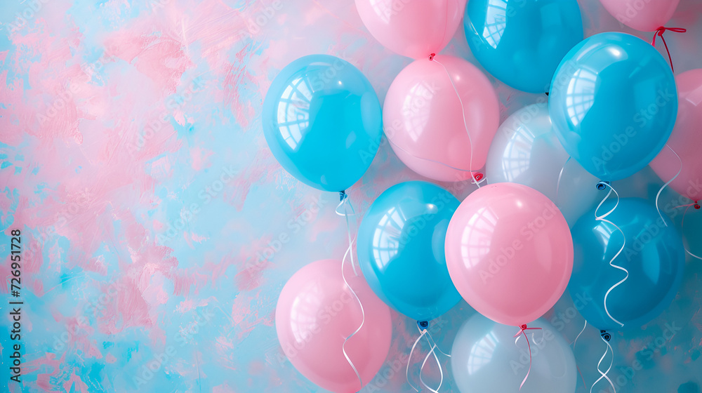 Bunch of bright balloons and space for text, generative ai
