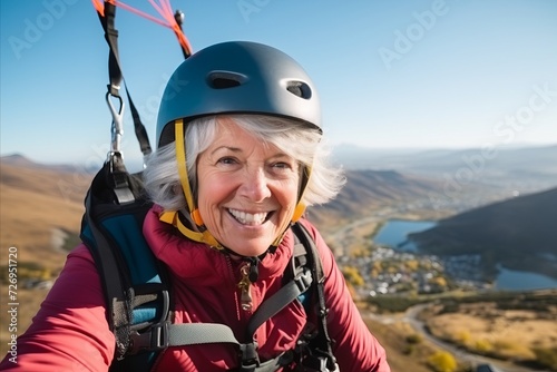 Portrait of happy senior woman with helmet and paraglider