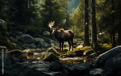 realistic photo of Moose in the forest among trees and rocks. generative ai