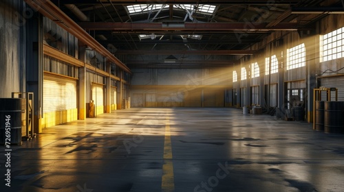 warehouse interior photorealistic sunset lighting