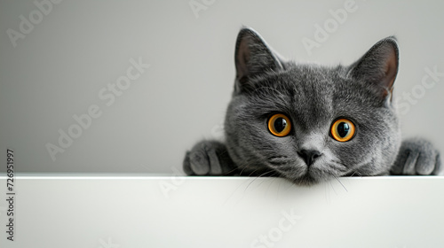 Beautiful funny grey British cat peeking out from behind a white table with copy space, Generative AI © Saleem