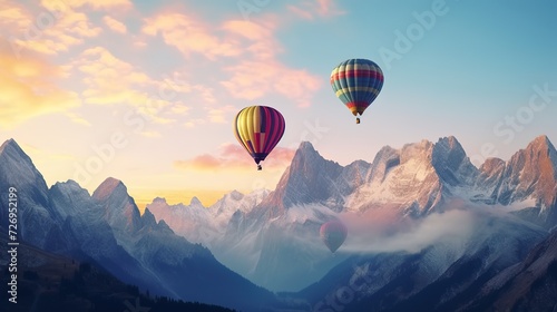 Colorful hot air balloons flying over mountain © fajar