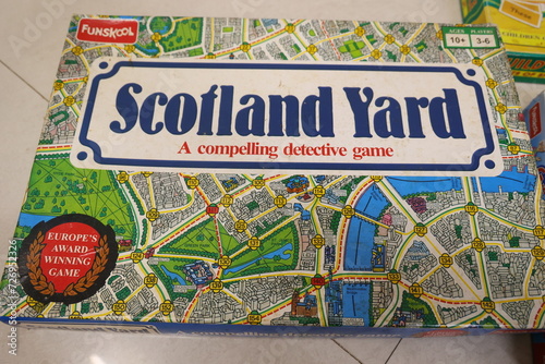 Scotland Yard Boardgame at Supermarket with open board and coins on the side