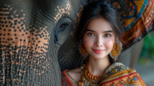 Asian Thai woman portrait in the Isaan traditional dress and elephant big friend 