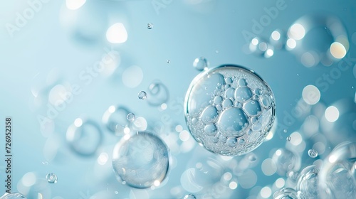  Sodium Hyaluronate and Essential Oil Bubble on Light Blue Background, Generative AI