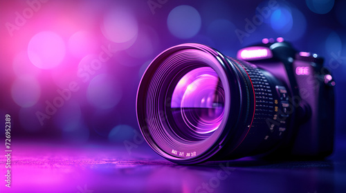 The camera lens with purple backlight.generative ai photo