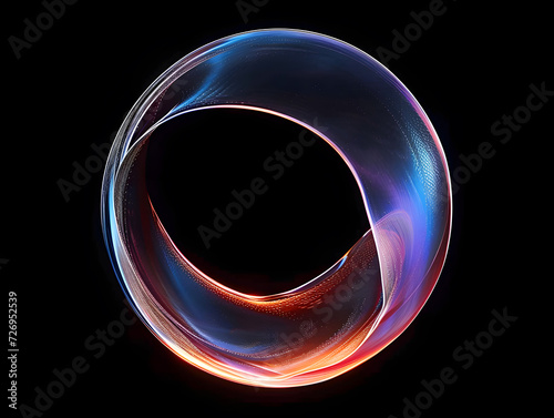 A swirling, neon-colored abstract colourful shape against a black background. circular motion, shimmery, metallic quality