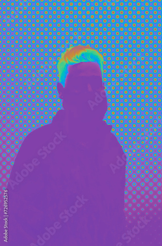 silhouette of a person in neon colors and a halftone background