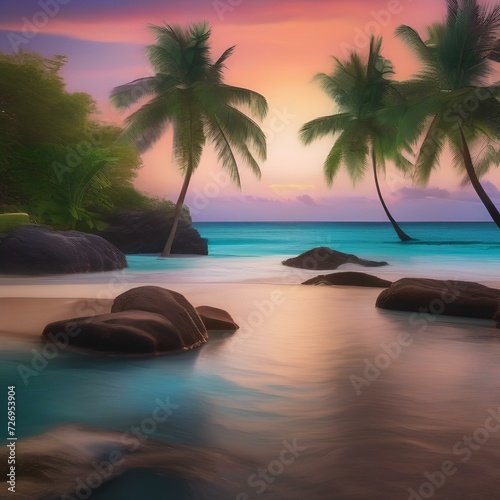 Tropical beach paradise with palm trees, turquoise water, and a colorful sunset5 © Ai.Art.Creations