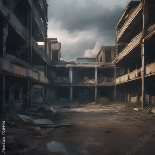 Dystopian wasteland with abandoned buildings and a dramatic, stormy sky1