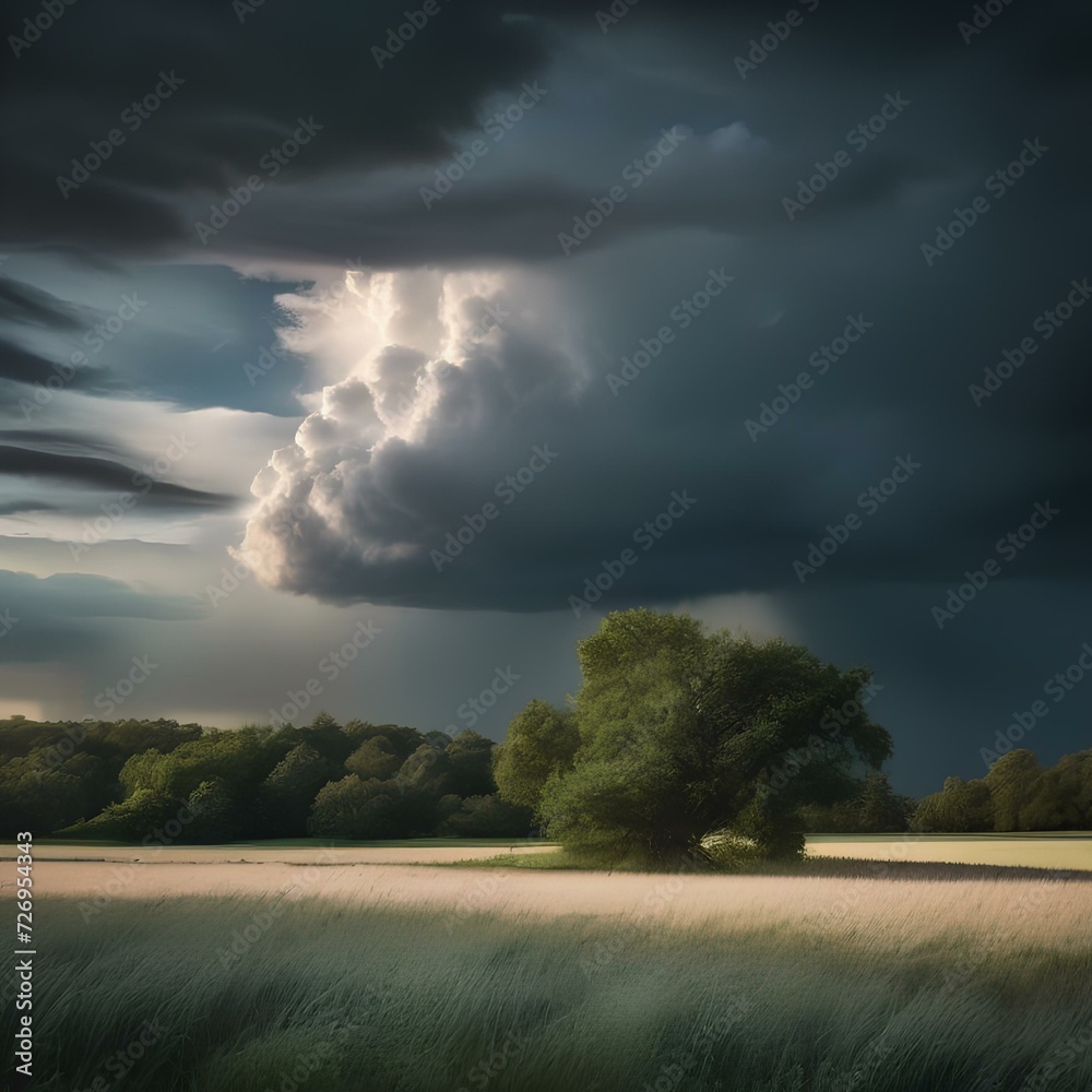 Dramatic storm clouds brewing over a tranquil meadow1