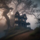 Haunted mansion on a hill surrounded by eerie fog and gnarled trees2