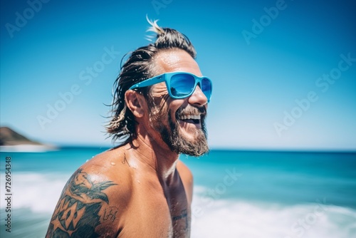 Handsome man with tattoos on his arms and blue sunglasses on the beach © Nerea